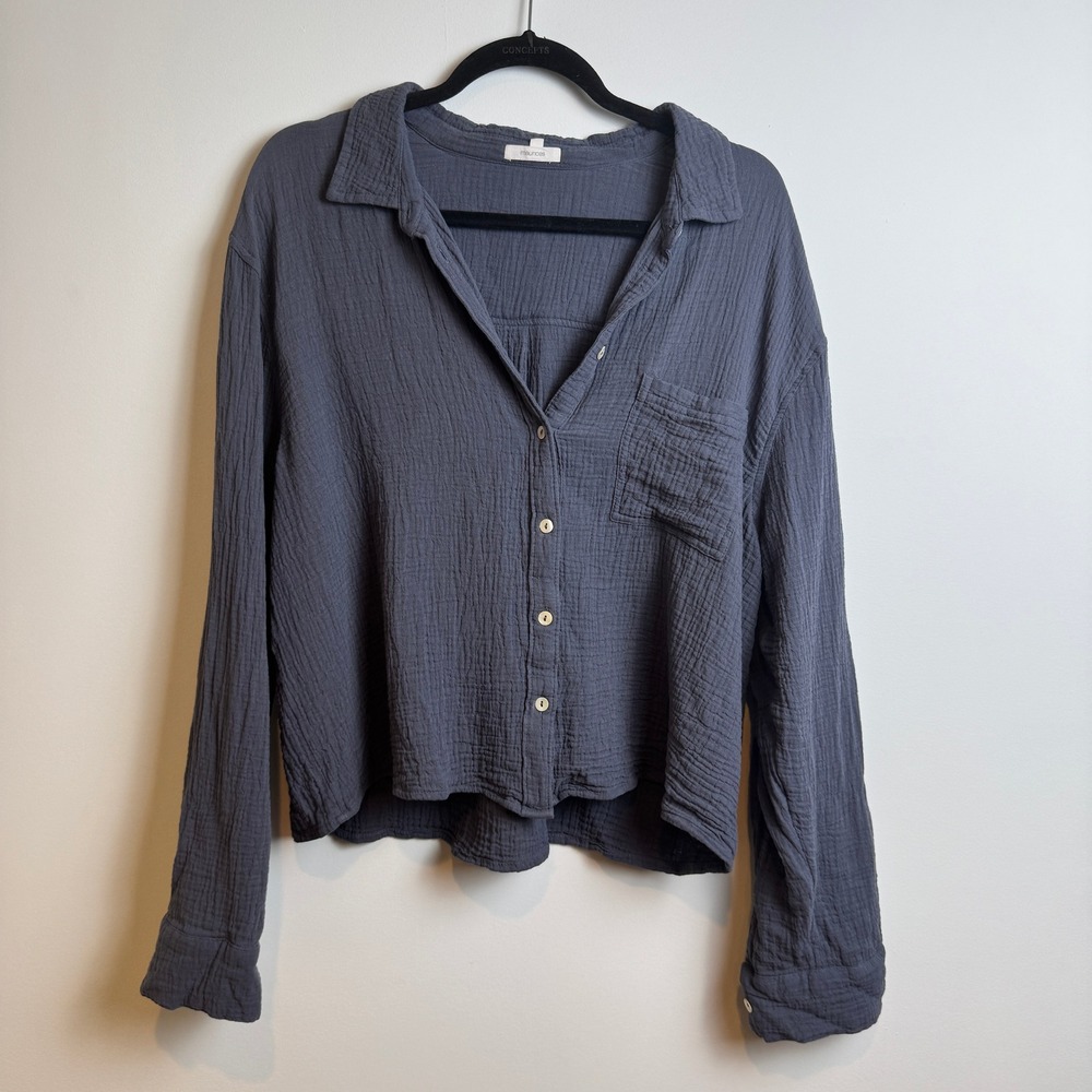 Maurices Button Down Shirt Sz L Cotton Gauze Long Sleeve Coastal Minimalist Blue